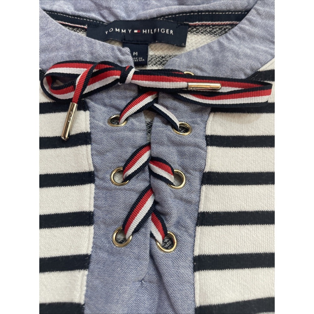 Tommy Hilfiger Striped Lace-Up Neck Top Long Sleeve Women's Medium - Picture 2 of 4